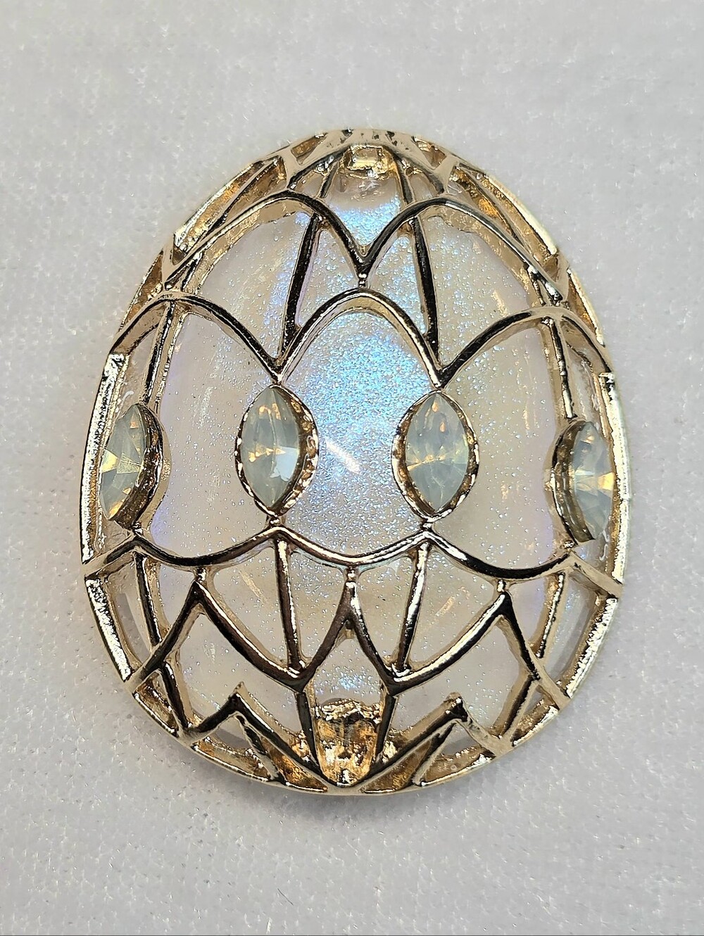 New Opalescent White Gold-Tone Filigree Egg Brooch / Pin
